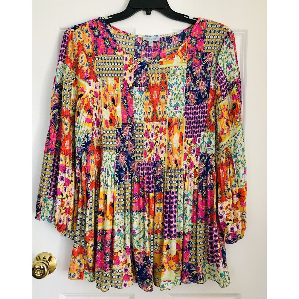 FLORAL & IVY WOMEN'S TOP PATCHWORK CREW NECK BOHO SMOCKING & FLARE BOHEMIAN 183
